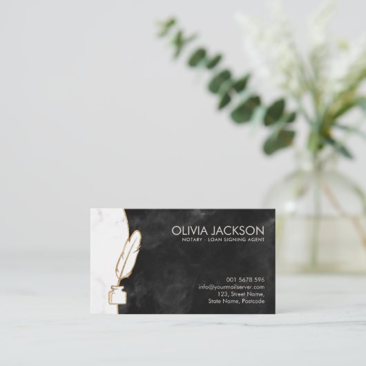 公証人ペンのインク大理石と金ゴールド 名刺 (スタンド正面)