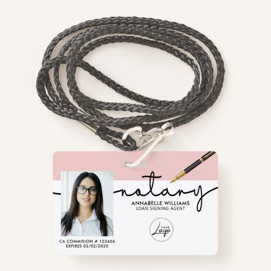 公証人モダンローンの署名エージェントの写真 バッジ (正面ランヤード)