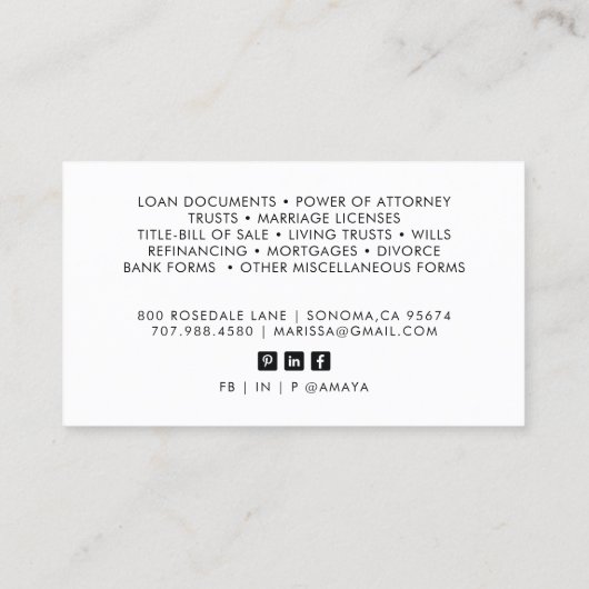 公証人モダン署名エージェントのフォト名刺 名刺 (裏面)