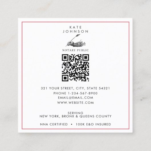 公証人モダン署名エージェントの羽毛クイルのロゴ スクエア名刺 (裏面)
