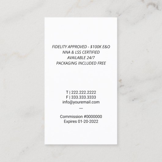 公証人ローンの署名代理人フェザー・モノグラム・ロゴ 名刺 (裏面)