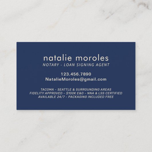 公証人ローンモダンエージェント海軍と金ゴールドタイポグラフィ 名刺 (裏面)