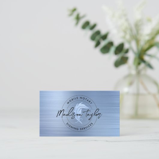 公証人ローン代理店ネイビーブルーブラシ仕上げ金属クイル 名刺 (スタンド正面)