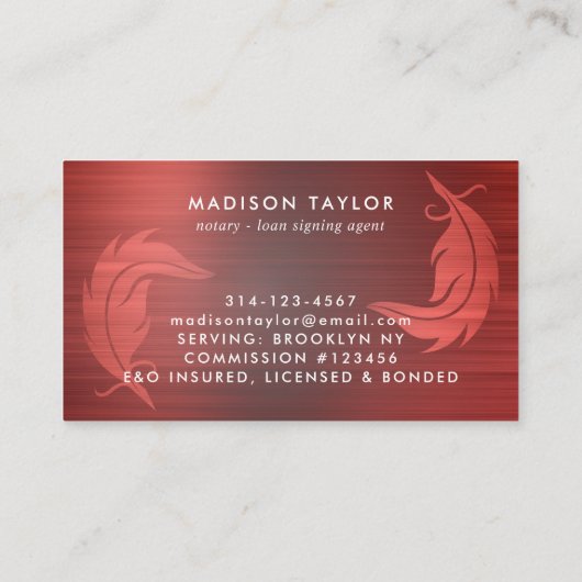 公証人ローン代理店ブルゴーニュ赤ブラシ仕上げ金属クイル 名刺 (裏面)