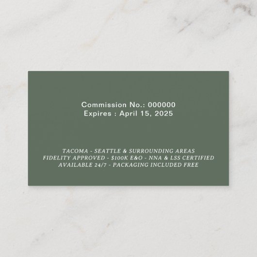 公証人ローン署名エージェントエレガントSage Green写真 名刺 (裏面)