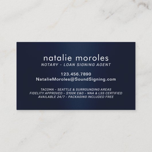 公証人ローン署名エージェントタイポグラフィネイビーブルー 名刺 (裏面)