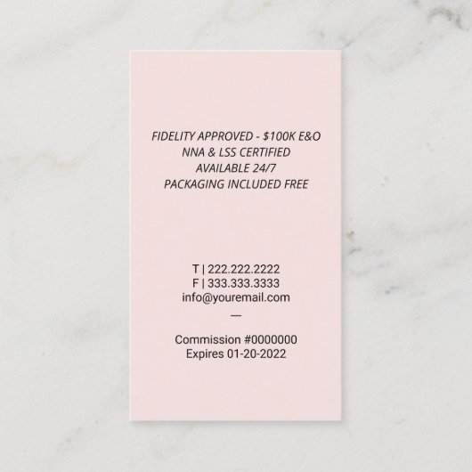 公証人ローン署名エージェントブラッククイル赤面ピンク 名刺 (裏面)