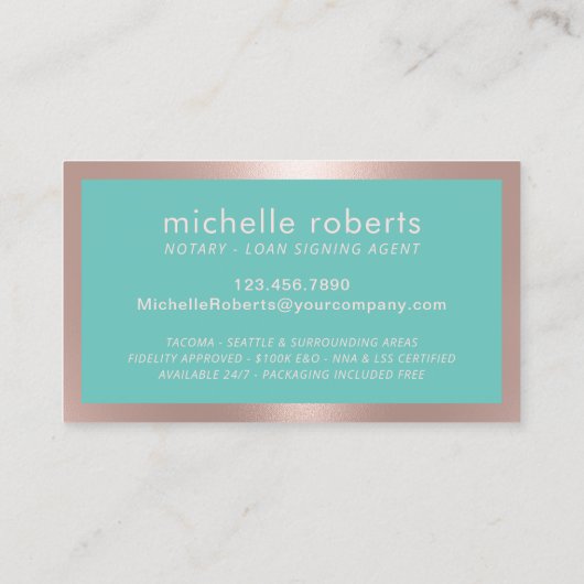 公証人ローン署名エージェントモダンバラ金ゴールドとティール（緑がかった色） 名刺 (裏面)