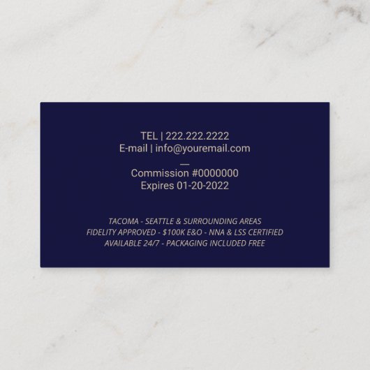 公証人ローン署名エージェント金ゴールドクイルペンのロゴ海軍 名刺 (裏面)