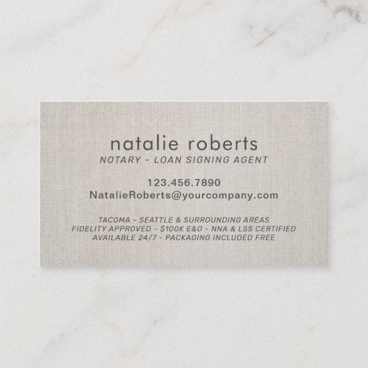 公証人ローン署名エージェント金ゴールドスクリプトClasy Linen 名刺 (裏面)