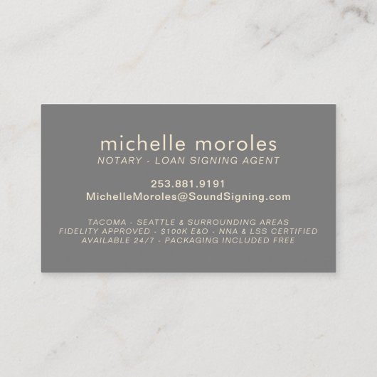 公証人ローン署名エージェント金ゴールドタイポグラフィグレー 名刺 (裏面)