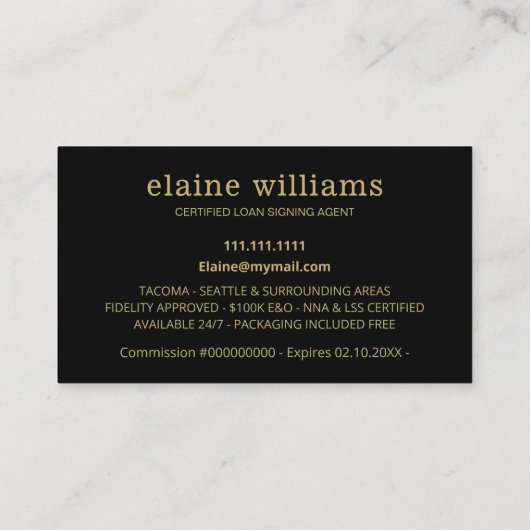 公証人ローン署名エージェント金ゴールド黒ペン 名刺 (裏面)