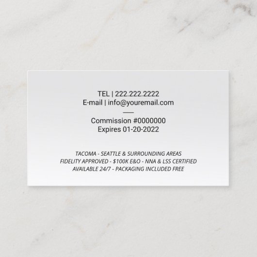 公証人ローン署名エージェント金ゴールドQuillロゴ海軍 名刺 (裏面)