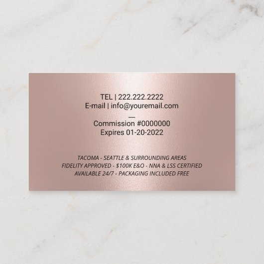 公証人ローン署名エージェントQuillロゴバラ金ゴールド 名刺 (裏面)