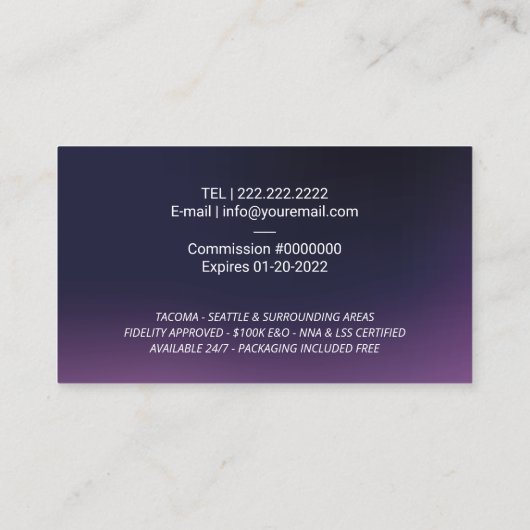 公証人ローン署名エージェントQuillロゴ上品な紫 名刺 (裏面)