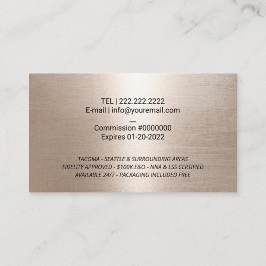 公証人ローン署名エージェンモダントの金ゴールドクイルロゴ 名刺 (裏面)