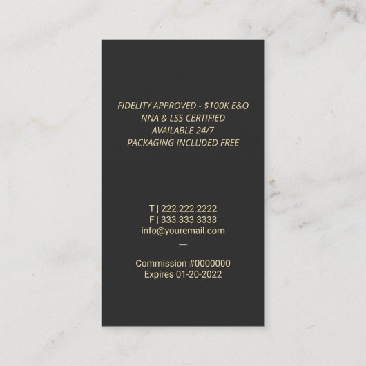 公証人ローン署名エージェンモダントの金ゴールドクイルロゴ 名刺 (裏面)