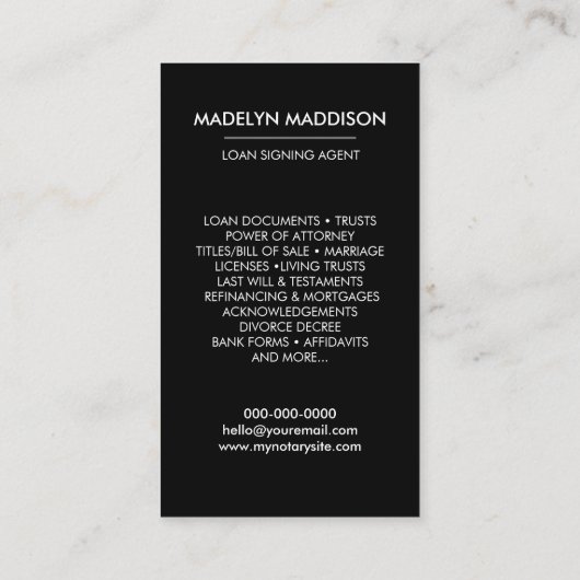 公証人ローン署名エージェンモダント黒い写真 名刺 (裏面)