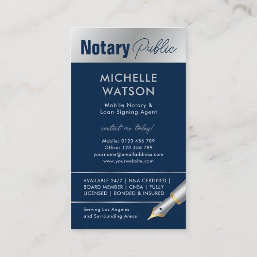公証人ローン署名モダンエージェント海軍とシルバー 名刺 (裏面)