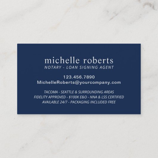 公証人ローン署名代理人のネイビー&シルバーフォト 名刺 (裏面)