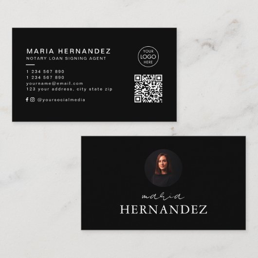 公証人ローン署名業者の完全な黒の写真QRコード 名刺 (正面/裏面)