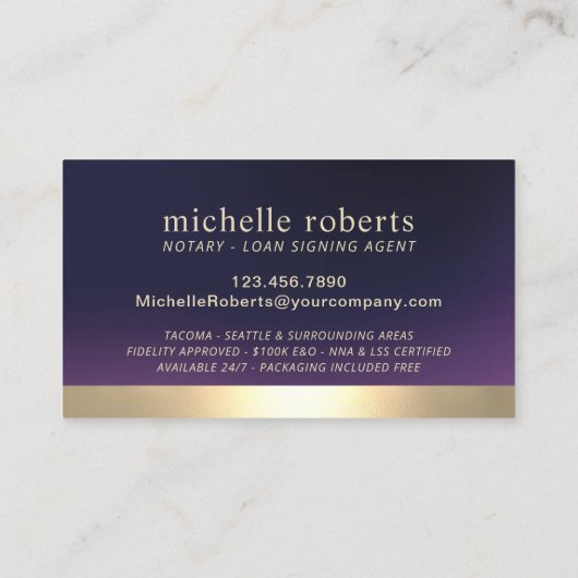 公証人ローン署名業者の金ゴールド縁ど深い紫 名刺 (裏面)