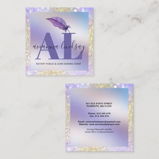 公証人ローン署名業者パープルグリッターモノグラム スクエア名刺 (正面/裏面)