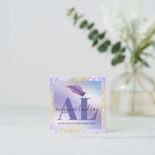 公証人ローン署名業者パープルグリッターモノグラム スクエア名刺 (スタンド正面)