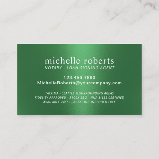 公証人ローン調印剤グリーンモダンフォイル 名刺 (裏面)