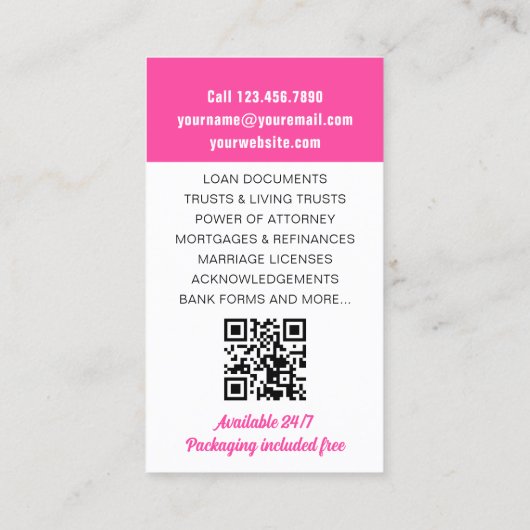 公証人公債署名エージェントの写真IDピンク 名刺 (裏面)