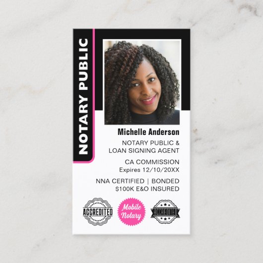 公証人公債署名エージェントの写真IDピンク 名刺 (正面)