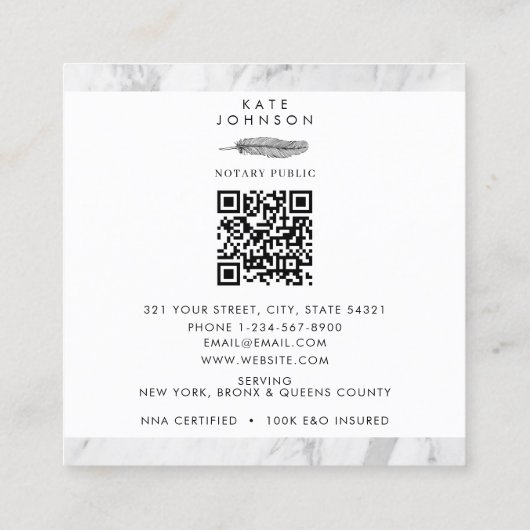 公証人署名エージェント白い大理石のクイルロゴ スクエア名刺 (裏面)
