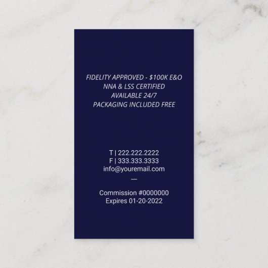 公証人調印代理モダン銀クイルのロゴ海軍 名刺 (裏面)