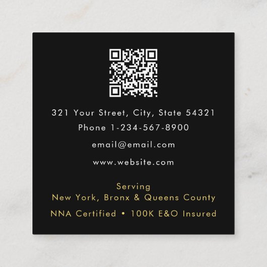 公証人調印剤羽毛クイルペンブラック金ゴールド スクエア名刺 (裏面)