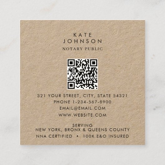 公証人調印剤羽毛クイル素朴クラフト スクエア名刺 (裏面)