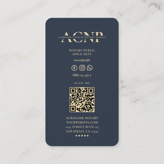 公証人金ゴールドクイルモノグラムダークブルーモダン 名刺 (裏面)