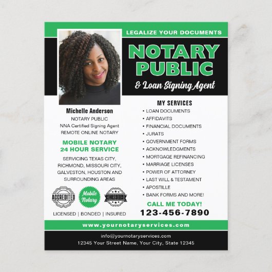 公証人 公共 融資署名エージェント 緑 編集可能 チラシ (正面)