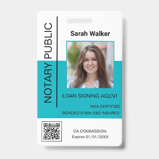 公証人 ID 写真付き オフィスワーカー ターコイズ バッジ (正面)