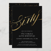 六万黒金ゴールドタイポグラフィ60誕生日 招待状 (正面/裏面)