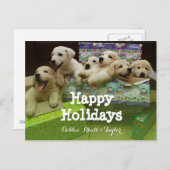 六匹の子犬がクリスマスの箱に座っている シーズンポストカード (正面/裏面)