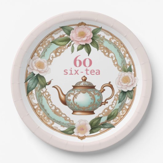 六十エレガント花かわいらしティーポット60誕生日 ペーパープレート (正面)