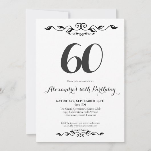 六十エレガント黒白60歳の誕生日パーティー 招待状 (正面)