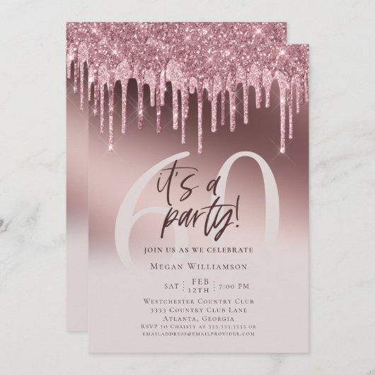 六十パーティーピンクグリッター60誕生日 招待状 (正面/裏面)