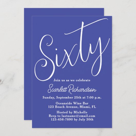 六十モダン字ラベンダーパープル60誕生日 招待状 (正面/裏面)