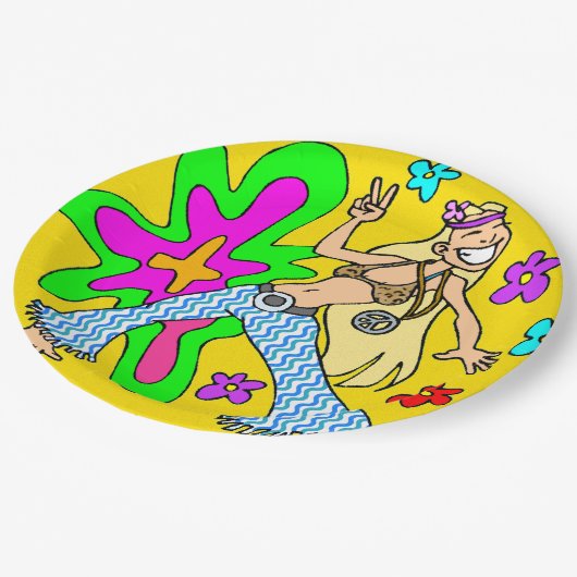 六十年代のフラワーチャイルドおよびピースサインの明るい色 ペーパープレート (アングル)