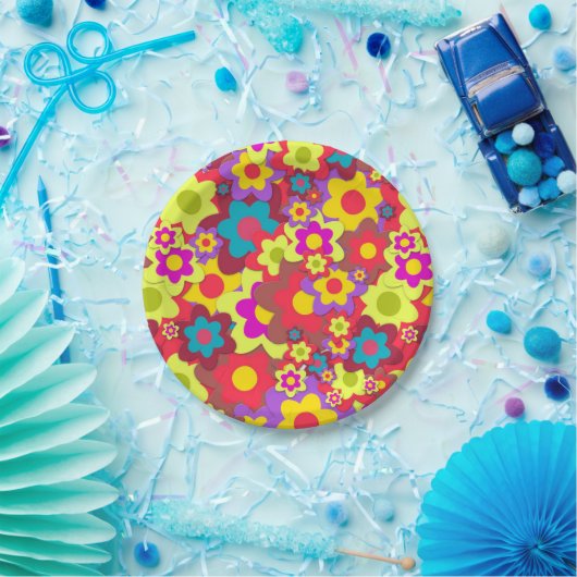 六十年代60sの腰回りが大きなフラワーパワーのレトロのパーティー ペーパープレート (パーティー)