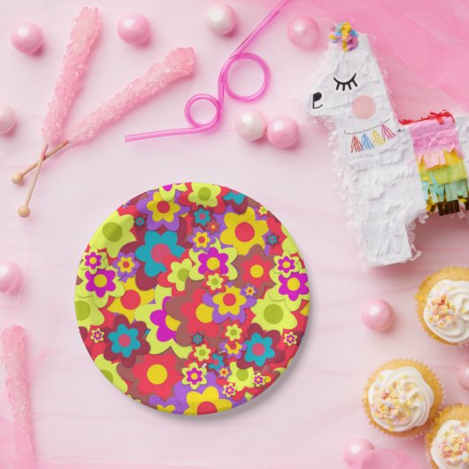 六十年代60sの腰回りが大きなフラワーパワーのレトロのパーティー ペーパープレート (パーティー)