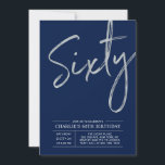 六十 |シルバモダンーブラシ60th誕生日パーティー 招待状<br><div class="desc">60祝歳の誕生日パーティーの招待でスタイリッシュの特別な日。このデザインは、ネイビーブルーの背景にクリーンなレイアウトを持つブラシスクリプト"Sixty"を特徴としている。文字カスタマイズと背景色を指定できる。私のショップBaraBomDesignでは、より多くのデザインやパーティーの供給が利用可能である。</div>