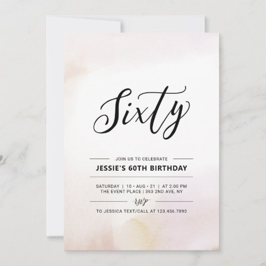 六十 |ミニマル第60回バースデーパーティーの水彩 招待状 (正面)