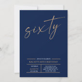 六十 |モダン金ゴールド&ブルー60th誕生日パーティー 招待状 (正面)